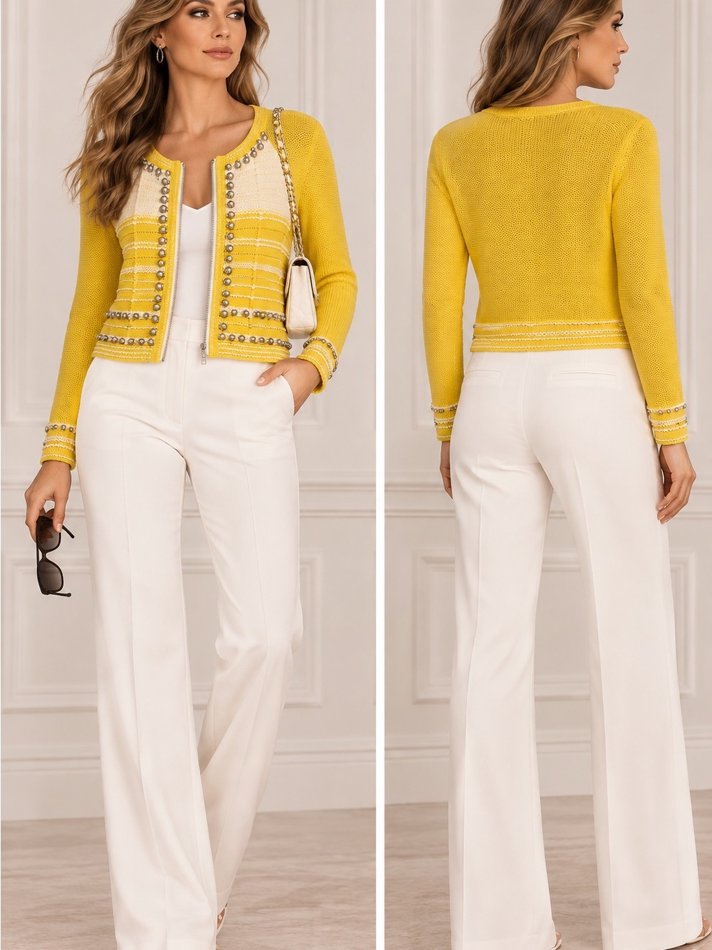 Nanette Lepore Yellow Knit Cropped Jacket with Embellished Trim